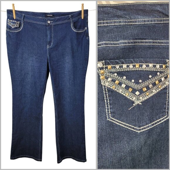 Roz Ali Bootcut Stretchy Embellished Jeans Plus Size 22W 22 Studded Bling Pocket - Picture 1 of 7